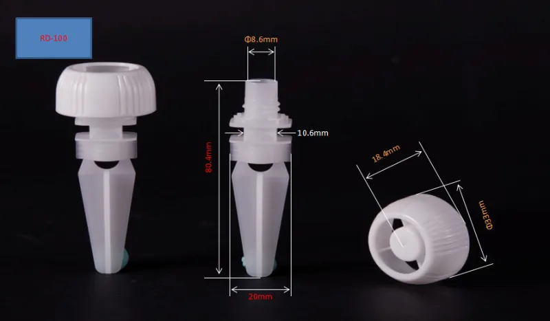 Boquilla de caño largo de 8,6 mm con tapón tipo champiñón para envases farmacéuticos y bolsas blandas para alimentos líquidos